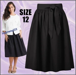 TU Size 12 Petite Black Tie Waist Poplin Skirt Flared 100% Cotton Elasticated - Picture 1 of 11