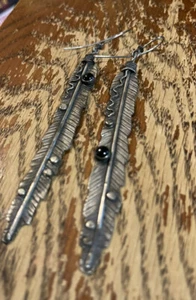 Beautiful Sterling Jet Feather Earrings Signed 4 Inches long! Free Shipping! - Picture 1 of 5
