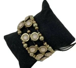 Gold Tone Cream Crystal Bracelet Leather pull close Boho Statement New $30 - Picture 1 of 7
