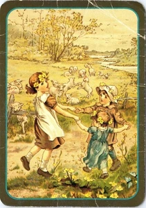 Friendship Postcard 3 Girls Playing RIng Around The Rosie, Flowers in Their Hair - Picture 1 of 5