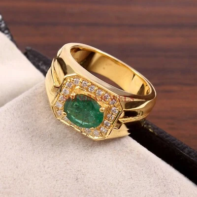 Simulierte Smaragd Edelstein Mit Vergoldet 925 Sterlingsilber Herren Ring #865 - Bild 1 von 4