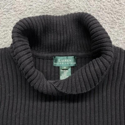 复古 Lauren Ralph Lauren 女式 1X 码黑色罗纹针织高领套衫毛衣 — 第 1/4 张图片