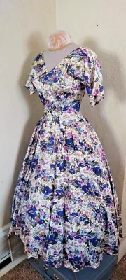 Vintage 50s Blue/Purple Floral Rayon Dress w/pockets and Amazing Skirt! - S - Image 1 of 4