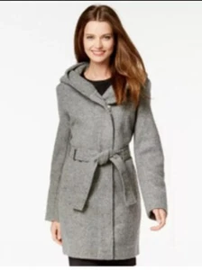 CalvinKlein Women's XL Hooded, Gray, Zip Up, Inside Pkt, Belt Tie Waist Pea Coat - Picture 1 of 11
