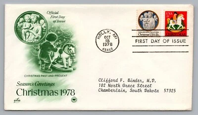 Christmas Past & Present 1978 FDC Holly Michigan Madonna Child Boy Rocking Horse - Image 1 of 2