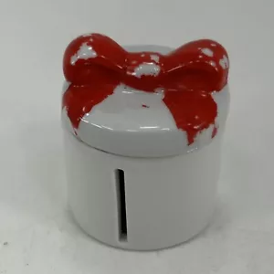 Ceramic Round Ribbon Jar Dispenser W/Red Ribbon Lid 2.25" Tall x 2" Wide - Picture 1 of 6