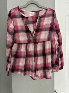 Jumping Beans Girls Top 7 Plaid Pink Buttons Flowy Long Sleeve Ruffles Cotton - Picture 1 of 8