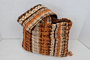 Vintage Handmade Tote Bag 70s Crocheted Yarn Orange Brown White Lined Fringe - Picture 1 of 6