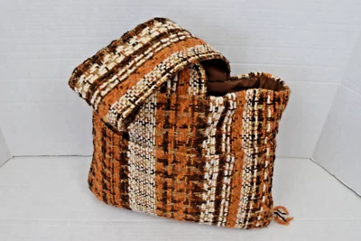 Bolso de Mano Vintage Hecho a Mano Años 70 Hilo de Ganchillo Naranja Marrón Blanco Forrado Flecos Foto 1 de 4