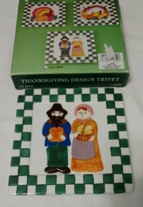 Vintage Keramik quadratischer Untersetzer Thanksgiving Design Pilgerpaar 1995 CBK. LTD - Bild 1 von 10