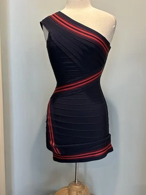 Herve Leger One Shoulder Navy And Red Bandage Dress - Image 1 of 4