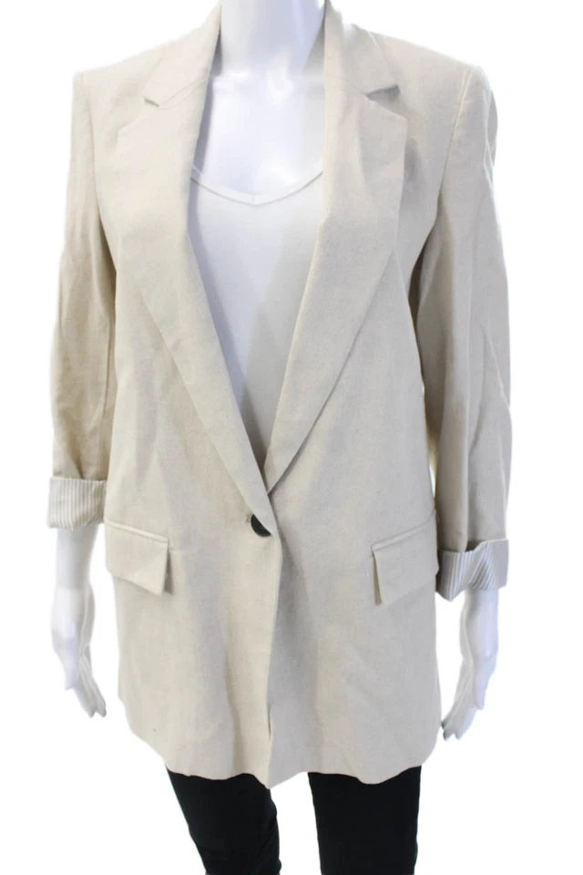 Blazer Zara Mujer Lino Cuello Muescas Manga Larga Abotonado Beige Talla XS Foto 1 de 4