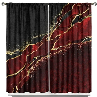 Red Marble Curtains,Abstract Burgundy Maroon Marble Gold Veins Window Drapes,... - Image 1 of 4