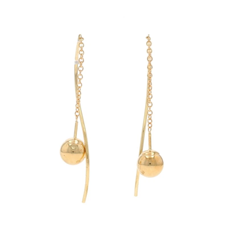Yellow Gold Bead Threader Earrings - 14k Ball Orb Pierced - Image 1 of 4