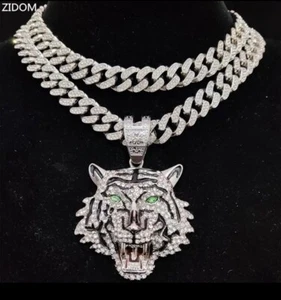 Men’s Iced Out 13mm Cuban Chain With Pendant VVS cz Diamond Gold Plated Hip Hop - Picture 1 of 4