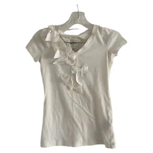 ABERCROMBIE KIDS Girls Off WhiteShort Sleeve V Neck Lace Bows T-Shirt Top-SMALL - Picture 1 of 6