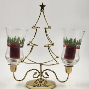 Homco Metal Christmas Tree 2 Votive Candle Holder Pine Tree Holly Berry Cups Vtg - Picture 1 of 7