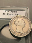 1854 20 Reales Spain Silver World Coin - Madrid Isabel II VF w/ Plastic Case!