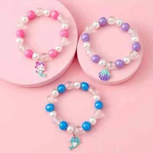 3 PC Girl's Pendant Acrylic Bead Mermaid Shell 7.5" Stretch Bracelet Set New - Picture 1 of 2