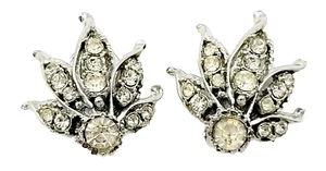 Paste Rhinestone Classic Clip On Earrings Rhodium Plated Silver Tone 1930 to 40s - Picture 1 of 20