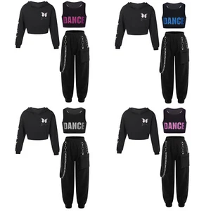 Girls Set Jazz Outfit Running 3 Piece Practice Tops With Trousers Dance Yoga - Picture 1 of 48