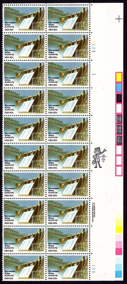 Scott #2042 Tennessee Valley Authority Plate Block of 20 Stamps - MNH Cross - Image 1 of 1
