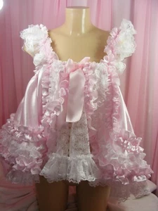 sissy adult baby white pink lace frilly ruffled baby doll nightie negligee dress - Picture 1 of 9