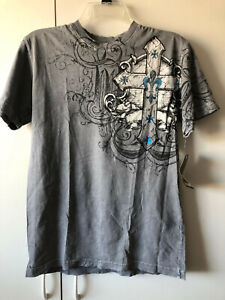 NWT MENS ARCHAIC AFFLICTION GRAY/WHITE CROSS WINGS METALLIC GRAPHIC SHIRT SMALL