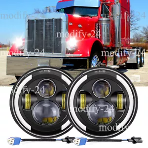 Pair DOT 7" Round LED Headlights Halo DRL Hi-Lo Beam Fit Peterbilt 379 359 Truck - Picture 1 of 15
