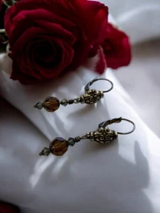 Brighton Utopia Brown Amber Beads Earrings Scrolls Hearts Dangle Silver Backs - Picture 1 of 5