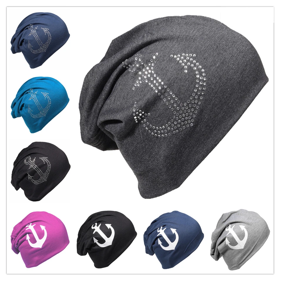 Beanie Mütze mit Anker Motiv Weiß/Strass Herren Damen Mützen Jersey Slouch Trend