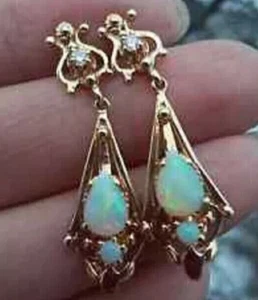 3 Karat Birne Schnitt Feuer Opal Tropfen / Lange Ohrringe 14K Gelbgold - Bild 1 von 11