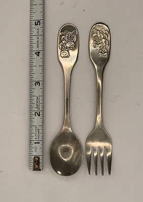 Tenedor y cuchara infantil placa plateada de colección. "Osos de peluche de aproximadamente 5""" Foto 1 de 4