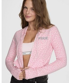Victoria Secret Pink ALL-DAY COTTON  FULL-ZIP HOODIE  Logo Pink Leopard Small
