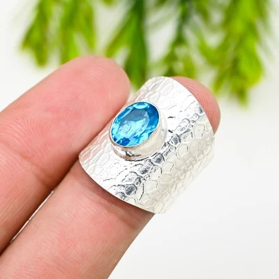 Blue Topaz Gemstone 925 Sterling Silver Ring Handmade Jewelry Ring For Gift - Image 1 of 4