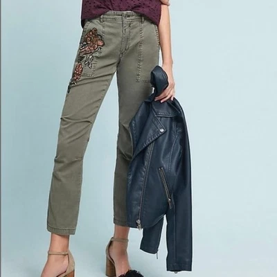 Anthropologie The Wanderer Musgo Verde Talla 32 Bordado Cuentas Bolsillos Utilitarios Foto 1 de 4