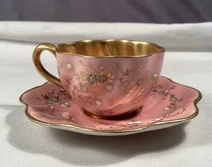 Coalport Jeweled Emailliert Demitasse Demi Tasse & Untertasse Gold & Rosa England - Bild 1 von 5
