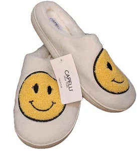NWT Happy Smiley Face Capelli New York Faux Fur Lined Slip On Slippers Sz L 8-9 - Picture 1 of 13