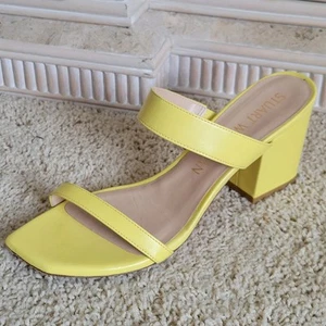 Stuart Weitzman Olive 75 Yellow Leather Sandal Sz 10AA Block Heel Narrow Fit - Picture 1 of 11
