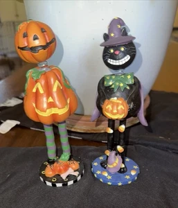 Jack-O-Lantern, schwarze Katze Hexe Figur Wackelköpfe Paar - Bild 1 von 13