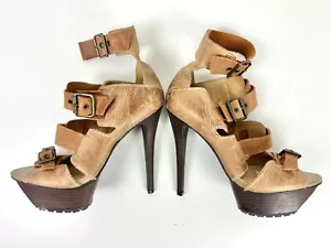 Vintage Tan Leather Ankle Sandals High Heel Platform Stiletto Strappy Shoes - Picture 1 of 11