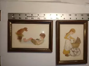 2 VTG METAL Framed Prints NOTES CARDS LINDA L. K. Powell 5 x 7 BOY DOG GIRL CAT - Picture 1 of 9
