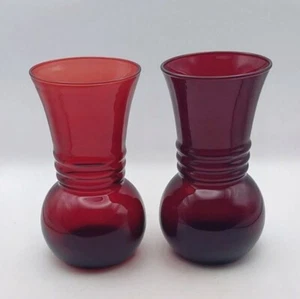 Pair Vintage Anchor Hocking Ruby Red Glass Art Deco 6.5" Flared Ball Vases - Picture 1 of 6