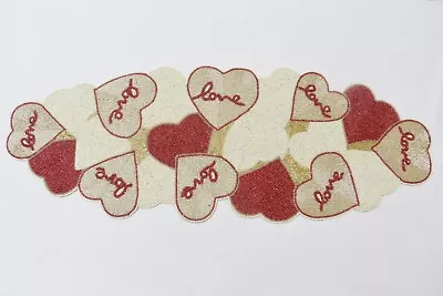 Love Heart Beaded Table Runner | Handmade Valentine's Decor | Red & Gold Beads - Image 1 of 4