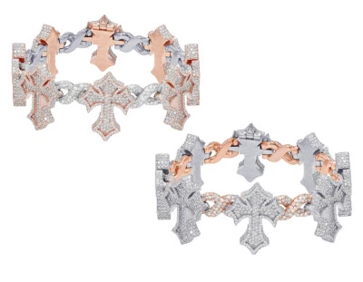 Pave' Set Cross 23 1/5 CT Real Diamond Infinity Links Cuban Bracelet Two-Tone... - Image 1 of 4