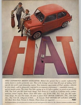 1959 Red Fiat 500 Vintage Car Print Ad Man Woman Aerial View 50s Ephemera Art - Image 1 of 4