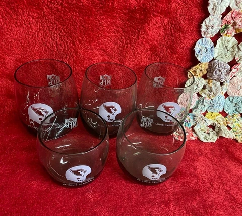 Set of 6 Vtg St. Louis Cardinals NFL Roly Poly Smoky Gray Glasses Different Size Cover