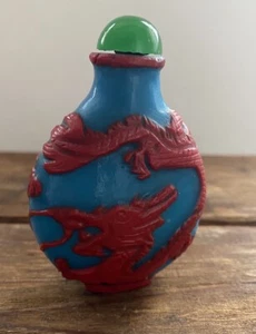 Antique Chinese Decorative Snuff Bottle Turquoise Blue Glass Red Overlay Dragon - Picture 1 of 11