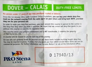 Duty Free Voucher 1990's  EU P&O Stena  -Details Personal Duty Free Limits - Picture 1 of 2