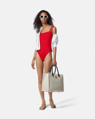 Versace Greca Border Red Gold One Piece Swimsuit Size 3/ M NWT $425 - Image 1 of 4